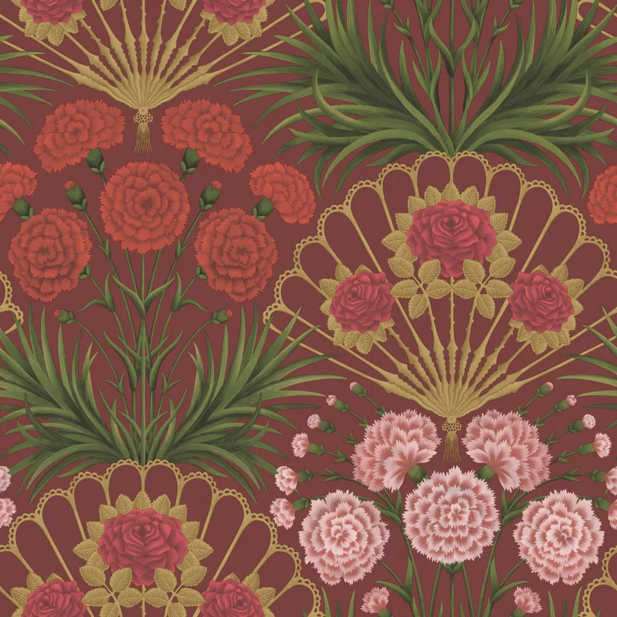 Flamenco Fan Rose, Bright Rouge & Metallic Goud op Crimson