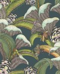 Hoopoe Leaves Forest Green, Lime & Fuchsia op Dark Viridian